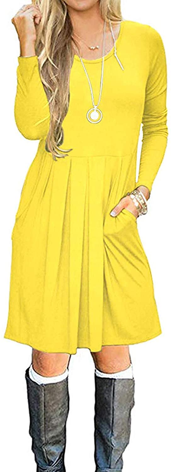 AUSELILY Women's Long Sleeve Pleated Loose Swing Casual Dress with ...