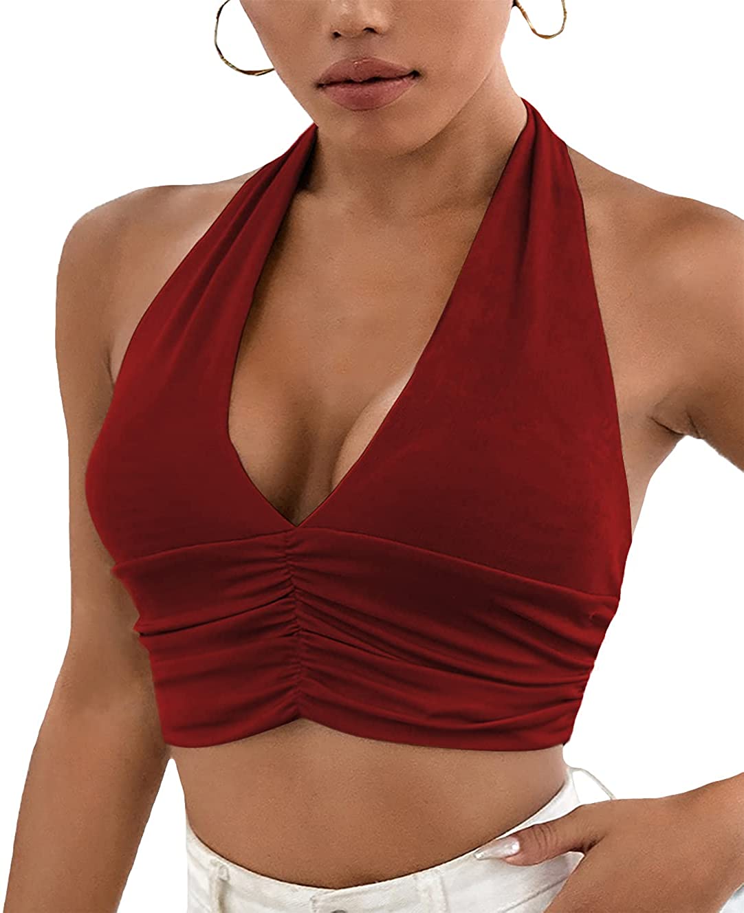 LYANER Women&#039;s Deep Neck Halter Crop Tie Back Sleeveless Backless Cami | eBay