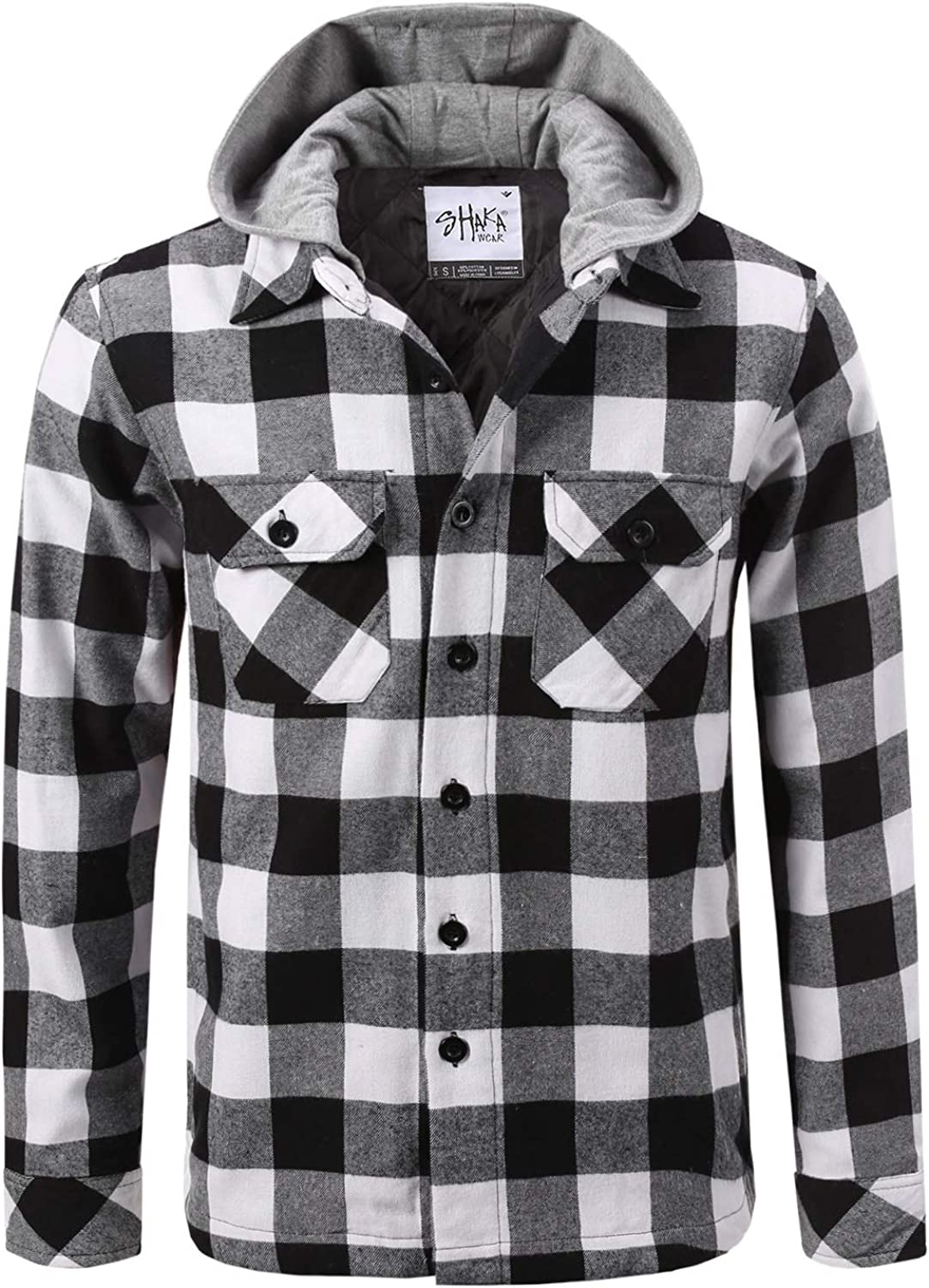 Mens Plaid Flannel Hoodie Jacket Long Sleeve Casual Button Up
