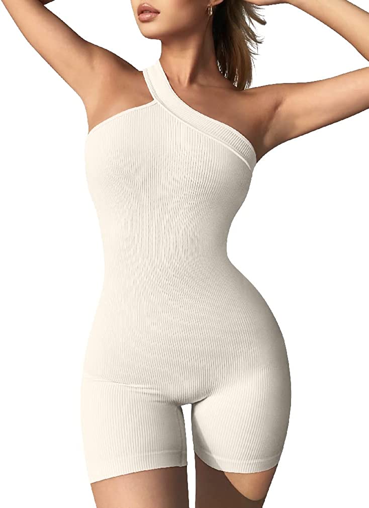OQQ Women's Yoga Rompers Ribbed One Piece Tummy Control Jumpsuit One  Shoulder Ro