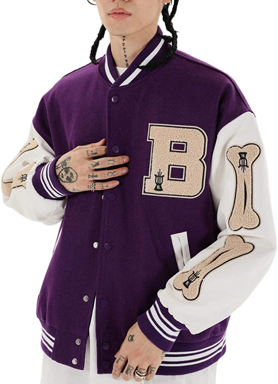 Simple Letter Funny Puppet Figure Print Rib Collar Button Down Color Block Varsity  Jacket Baseball Jacket - Beautifulhalo.com