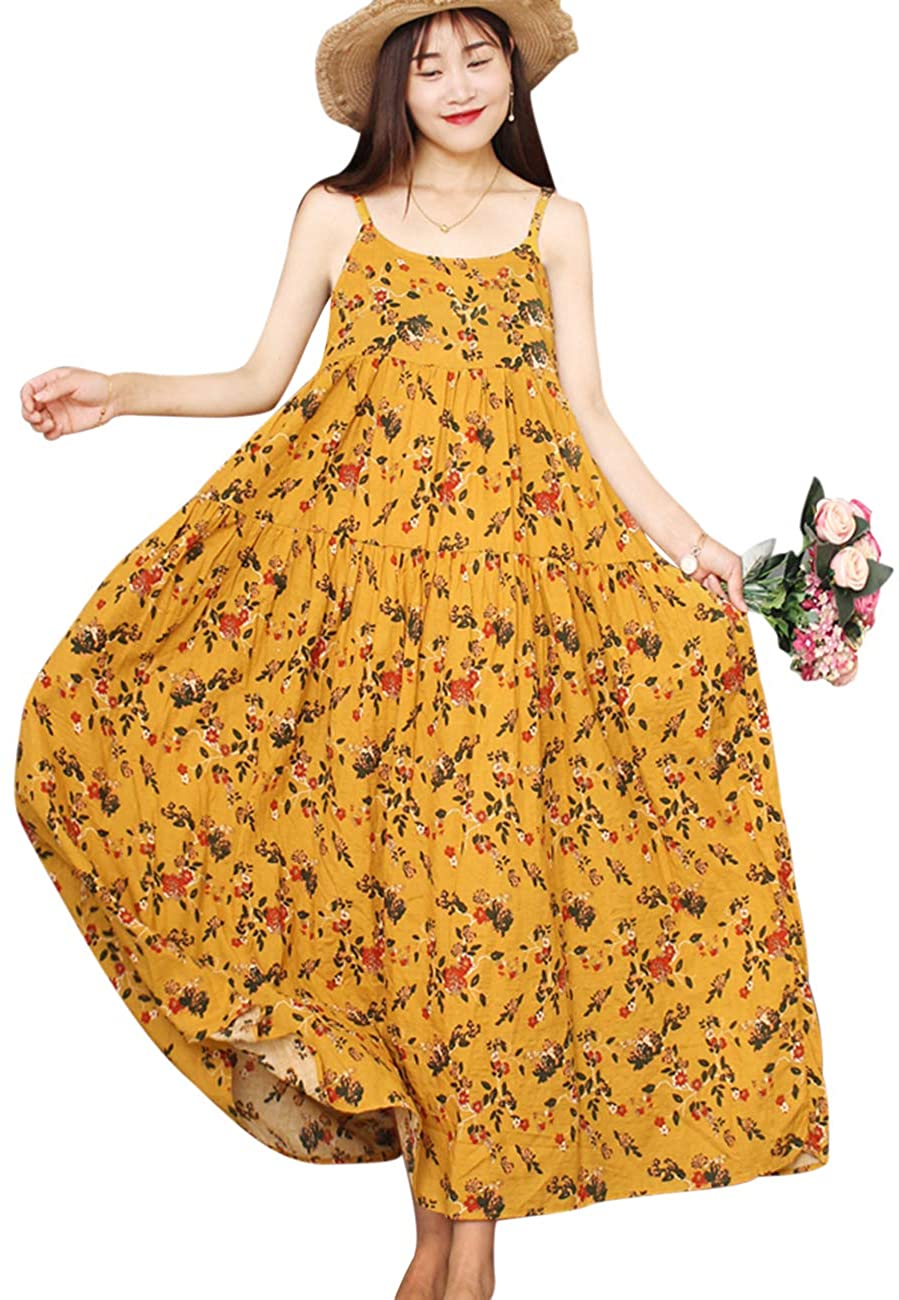 YESNO Women Casual Loose Bohemian Floral Print Dresses Spaghetti Strap Long  Maxi | eBay