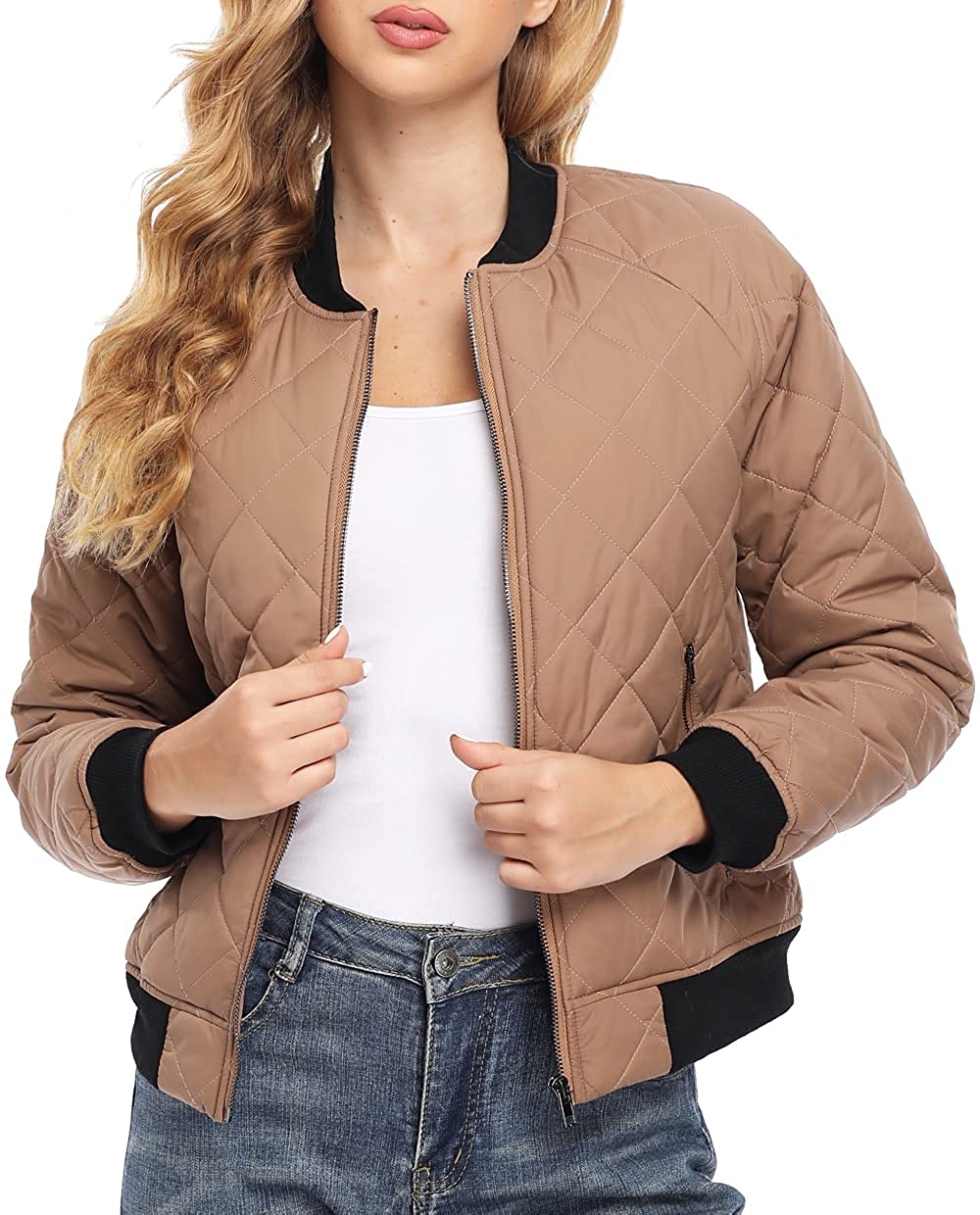 Dilgul Womens Quilted Jacket Lightweight Long Sleeves Zip Up Raglan Bomber Jackets with Pockets 