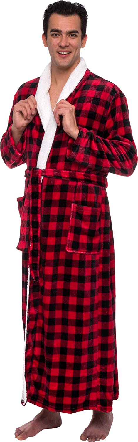 Ross Michaels Mens Robe -Mid Length Buffalo Plaid Cotton Bathrobe with  Shawl Collar (Red and Black, Large/X-Large)