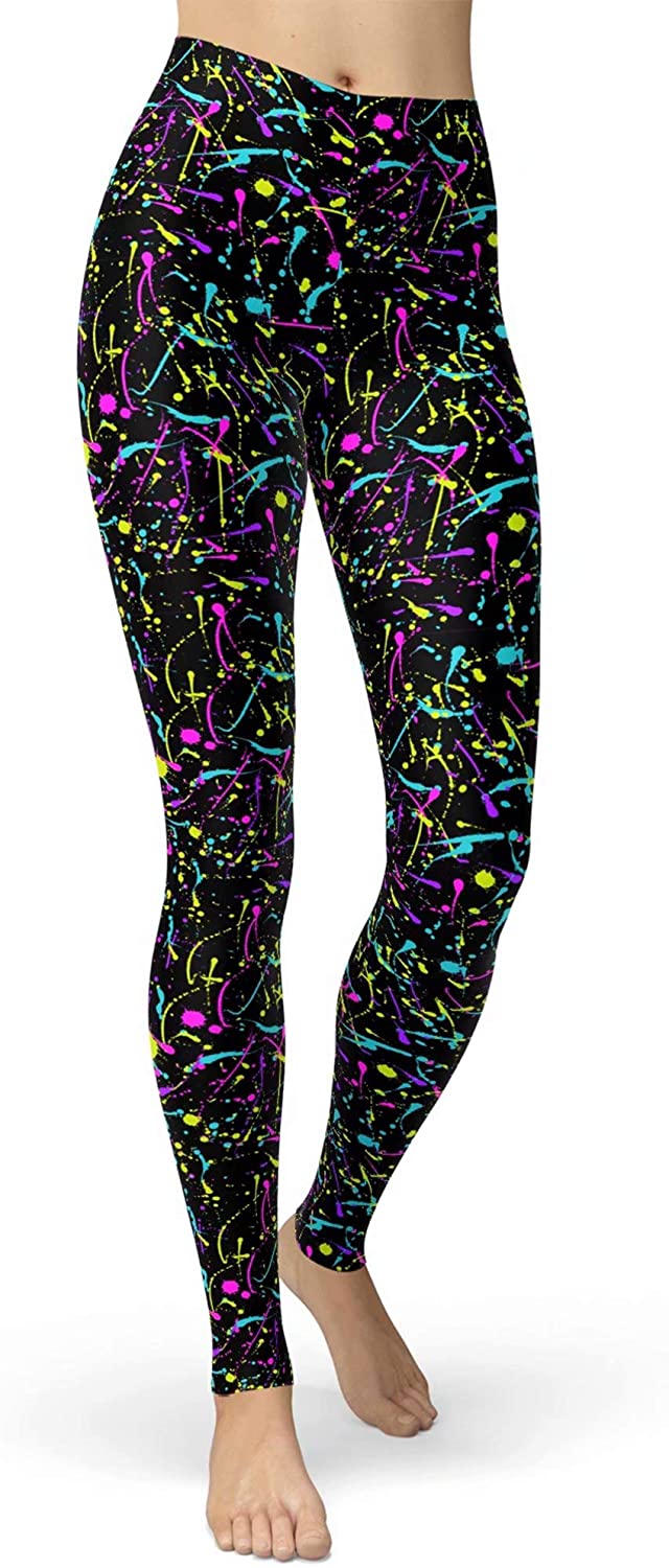 sissycos Women's 80s Leggings Artistic Splash Printed Buttery Soft Stretchy  Pants (XX-Large, Neon Splash)
