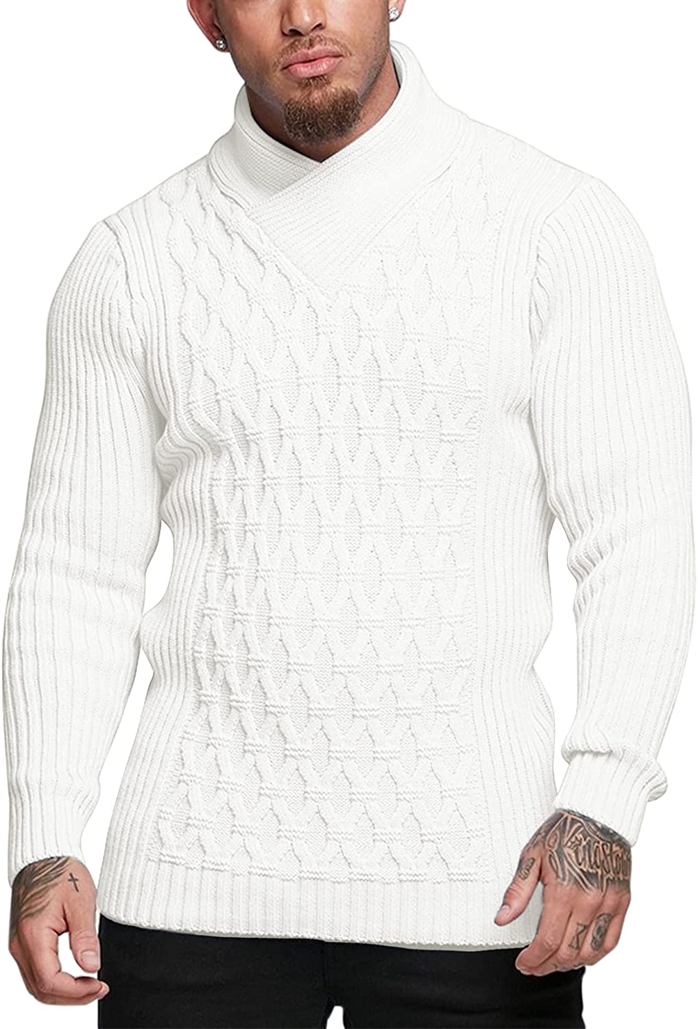 COOFANDY Mens Knitted Pullover Sweater Cable Knit Jumper Stylish Knitwear  Lightw