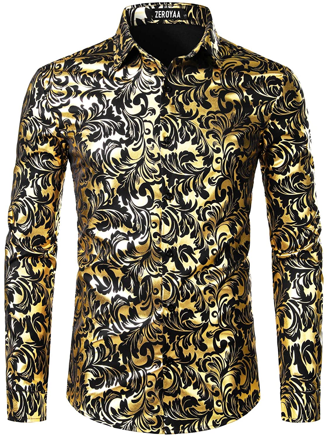 ZEROYAA Men's Luxury Paisley Gold Shiny Printed Stylish Slim Fit Button ...