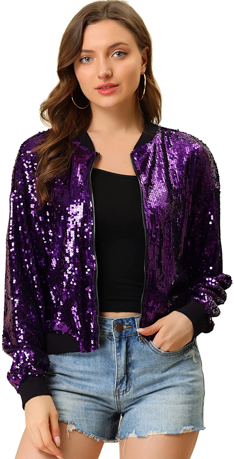 Allegra K Women's Sequin Sparkle Long Sleeve Zipper Bomber Jacket Purple  Small