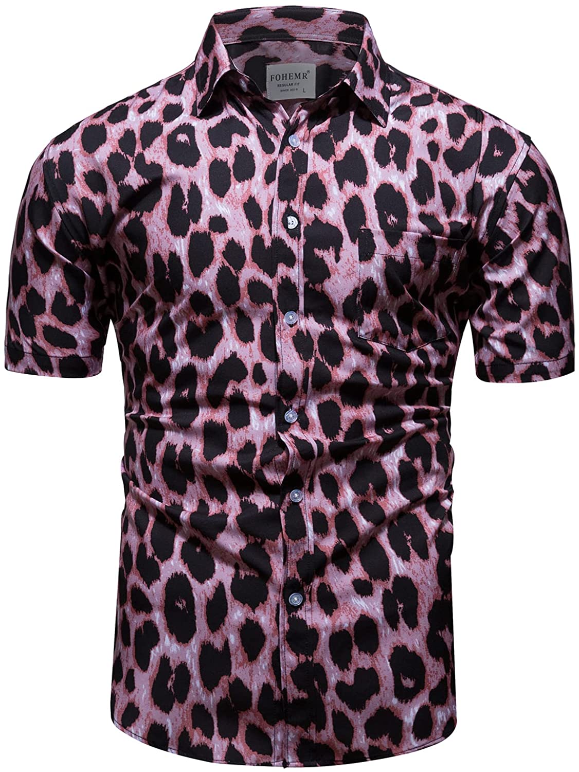 fohemr Mens Leopard Shirts Animal Print Button Down Cheetah Short Sleeve  Shirt f