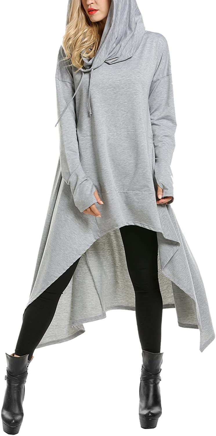 Zeagoo Sweatshirt Hooded Women Long Sleeve High Low Sweater Dress Loose Pullover Cloak Thumb Hole Tunic Top with Pocket 