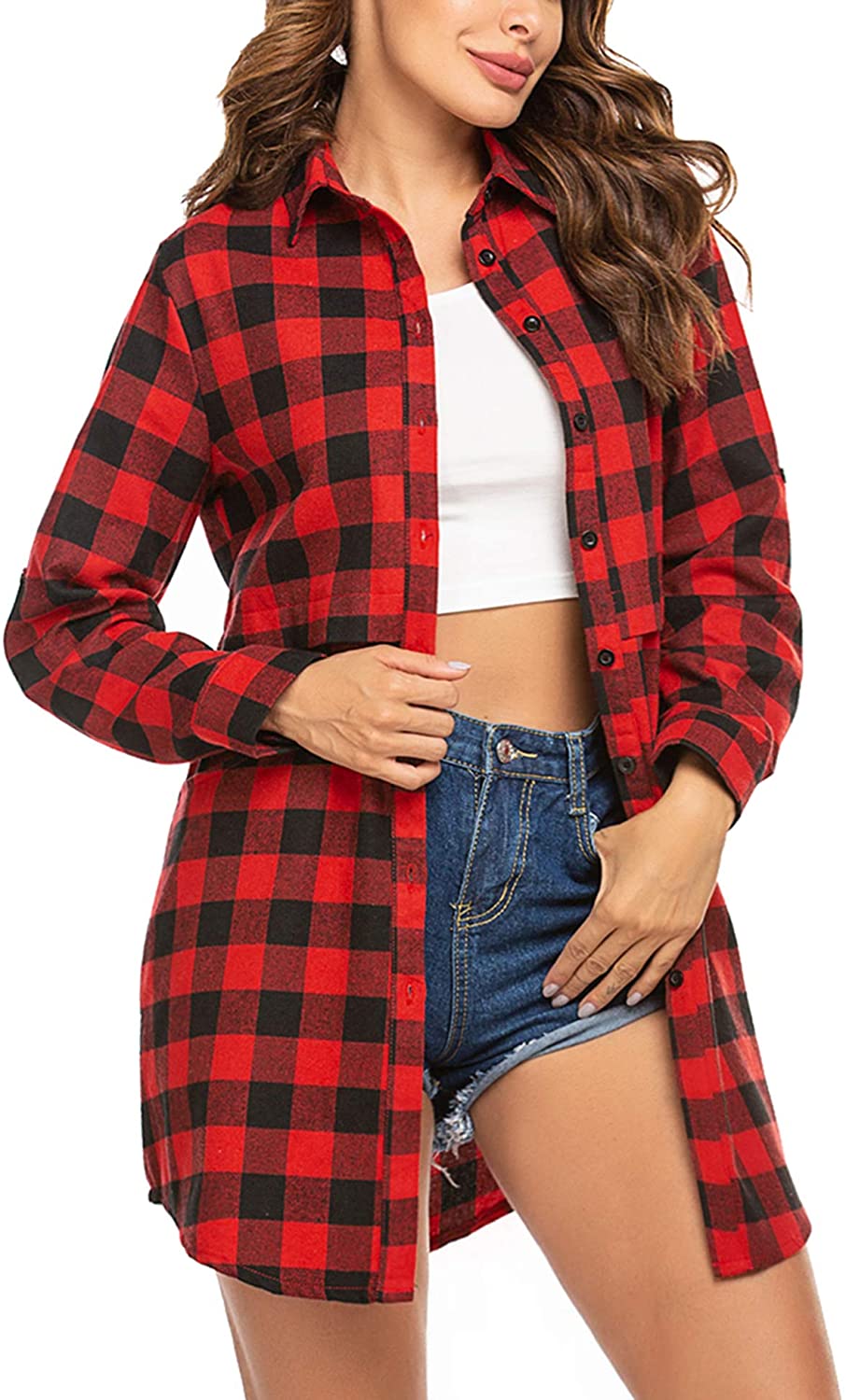 HOTOUCH Womens Flannel Plaid Shirts Roll Up Long Sleeve Pockets Mid-Long  Casual
