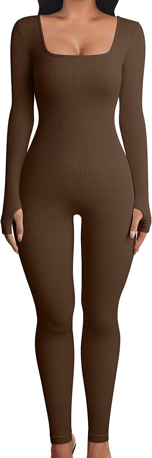 OQQ Women Yoga Jumpsuits Workout Ribbed Long Sleeve Sport Jumpsuits
