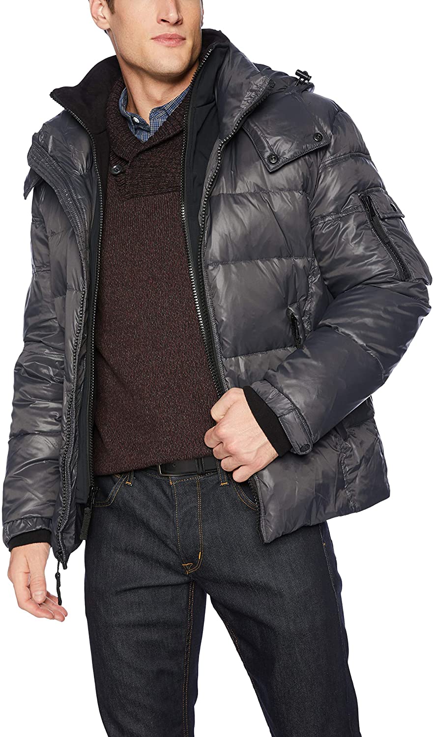S13 Mens Downhill Quilted Down Coat with Removable Faux Fur Hood