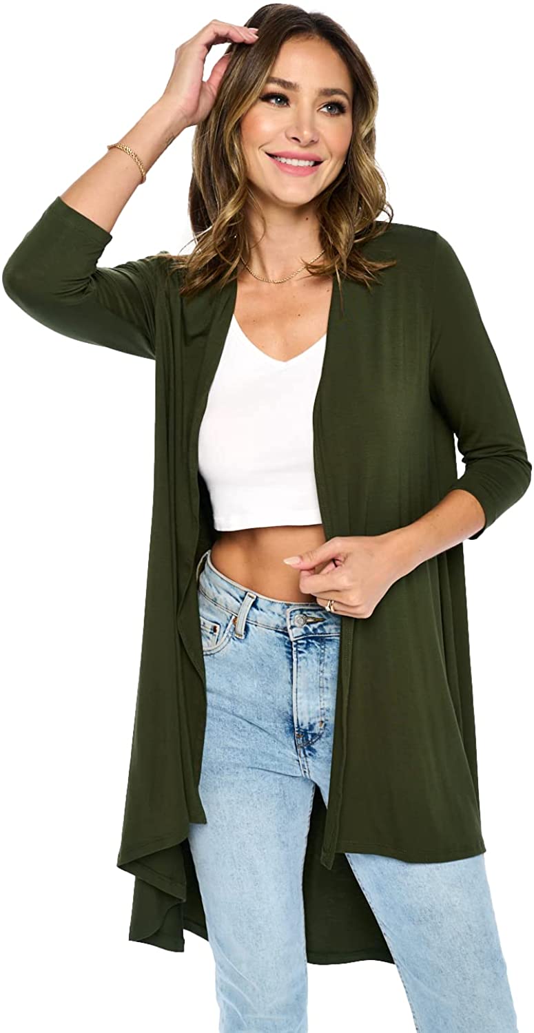 Women's 3/4 Sleeve Soft Open Front Casual Flowy Long Bamboo 