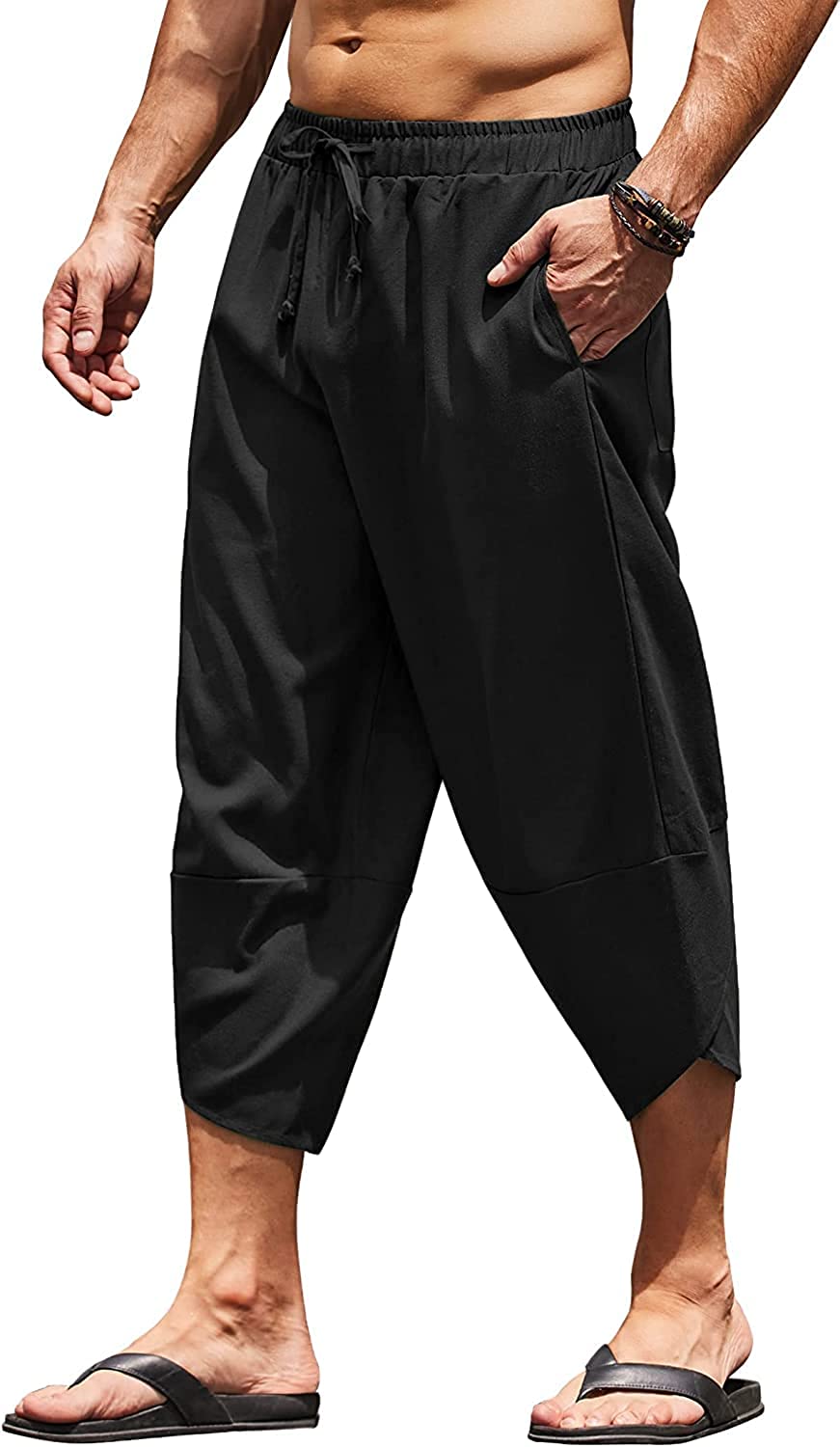 COOFANDY Men's Linen Harem Capri Pants Lightweight Loose 3/4 Shorts  Drawstring E