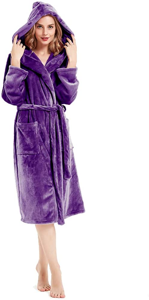 HOLOVE Women Hooded Fleece Robes Warm Plush Terry Cloth Bathrobe Spa ...