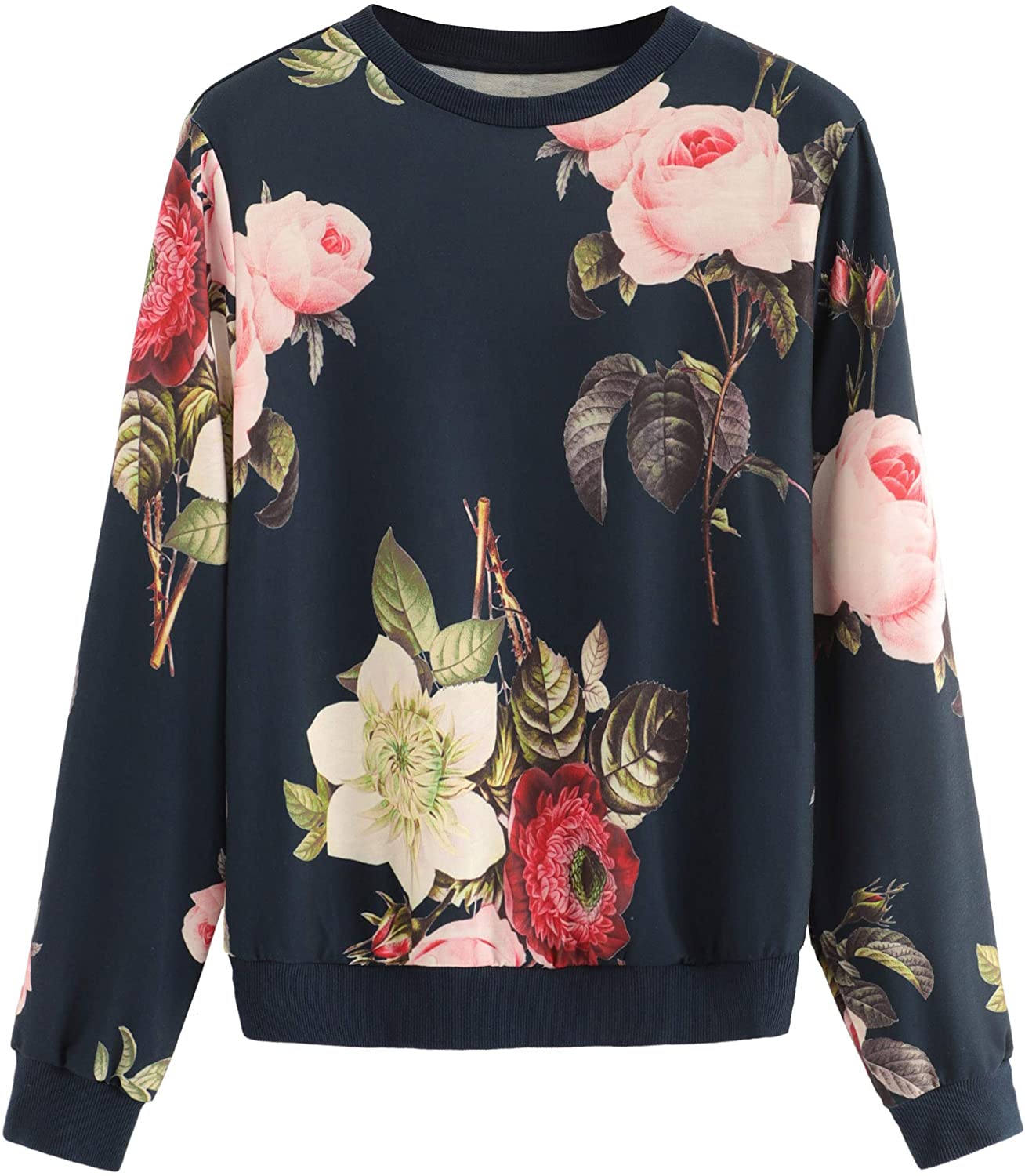 ROMWE Womens Casual Floral Print Long Sleeve Pullover Tops Lightweight Sweatshirt 