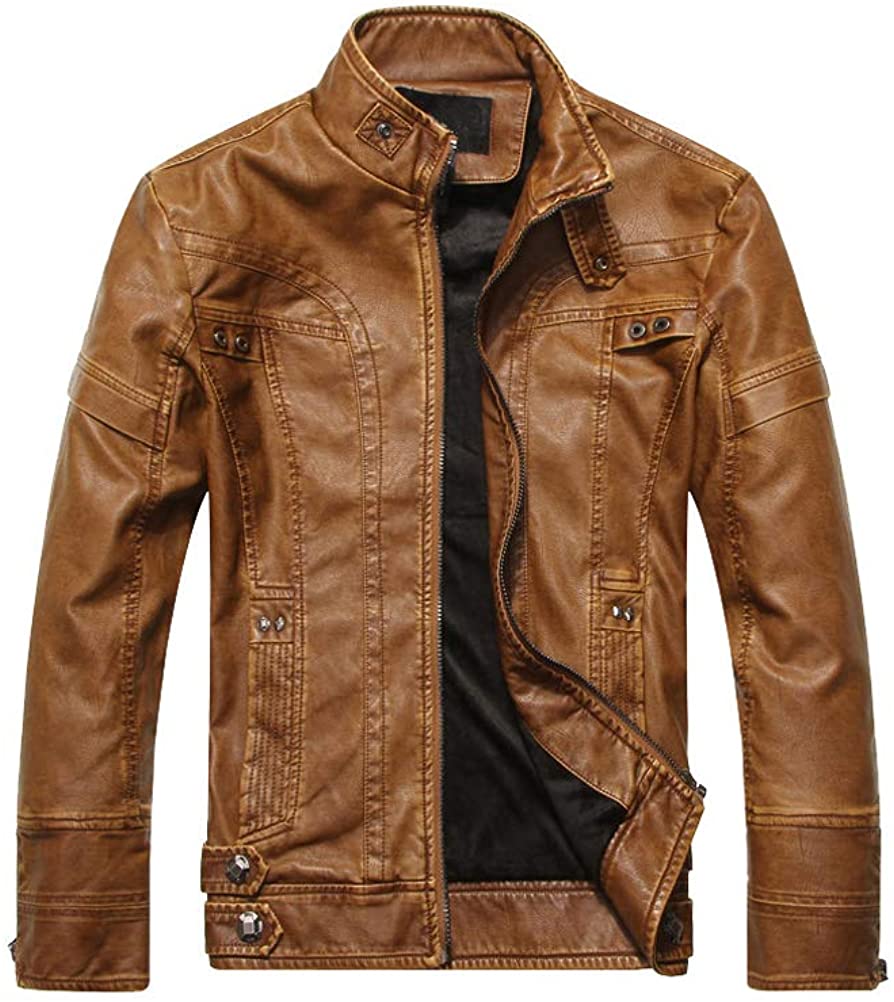 PASOK Men's Faux Leather Jacket Vintage Stand Collar Motorcycle PU