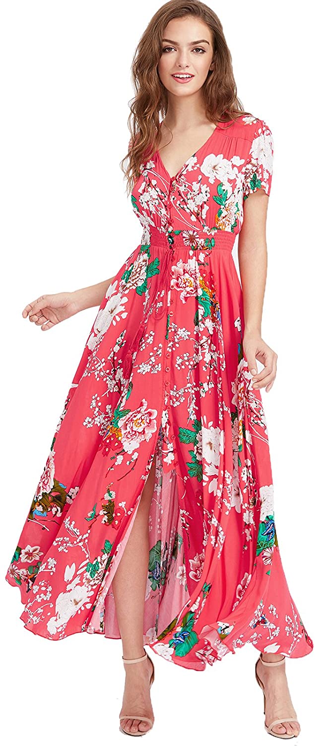 Milumia Women's Button Up Split Floral Print Flowy Party Maxi Dress Red ...