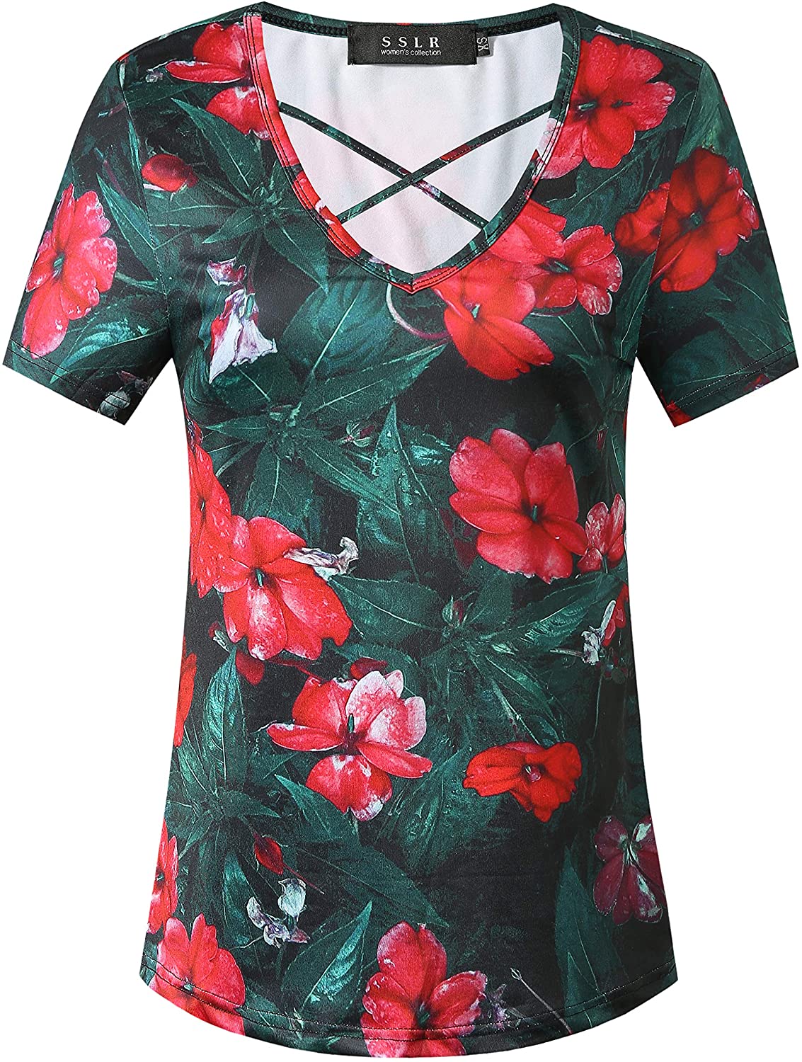 SSLR Womens Floral V Neck Casual Short Sleeve Hawaiian T Shirt Tops