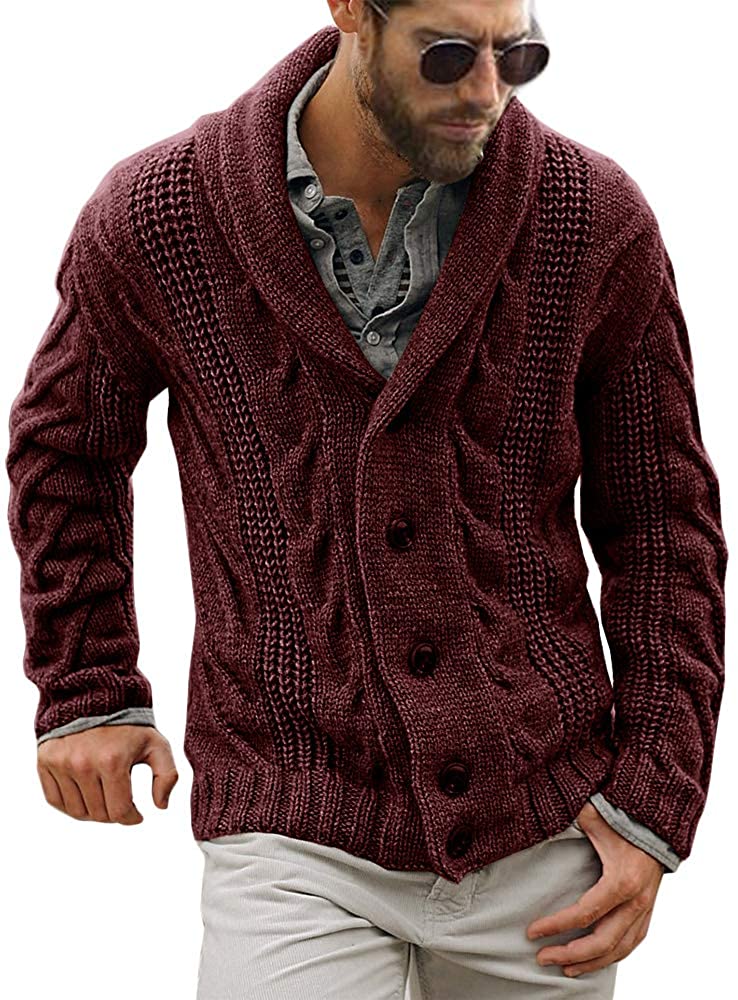 Mens Cable Knit Cardigan Sweater Shawl Collar Loose Fit Long Sleeve Casual  Cardi eBay