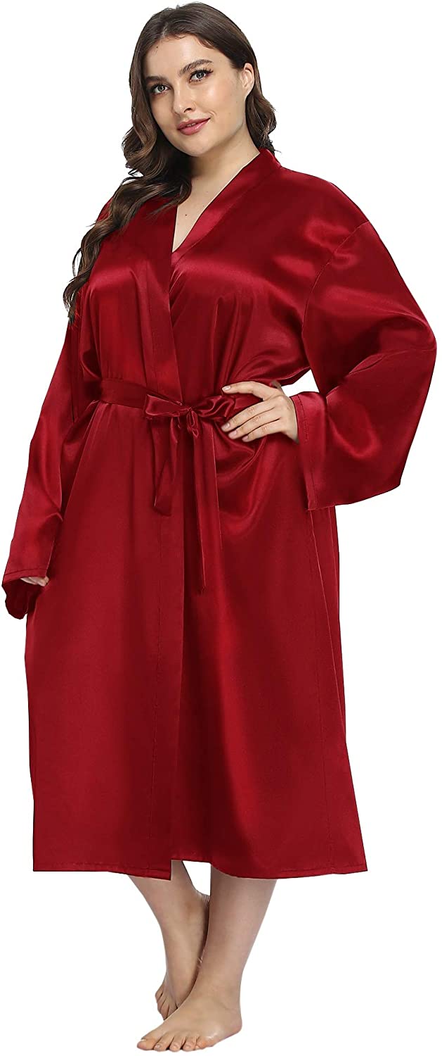 iFigure Women's Plus Size Satin Robe Long Bathrobes Dressing Gown Soft ...