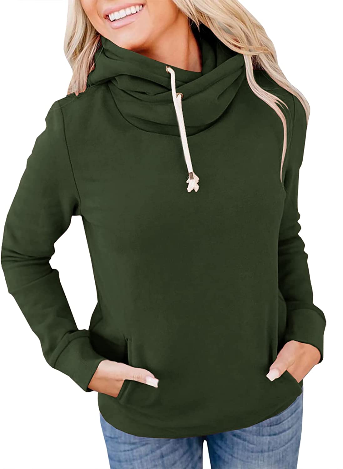 ✦HebeTop✦ Womens Casual Hoodies Long Sleeve Sweatshirts Cowl Neck Drawstring Hooded Pullover Top 