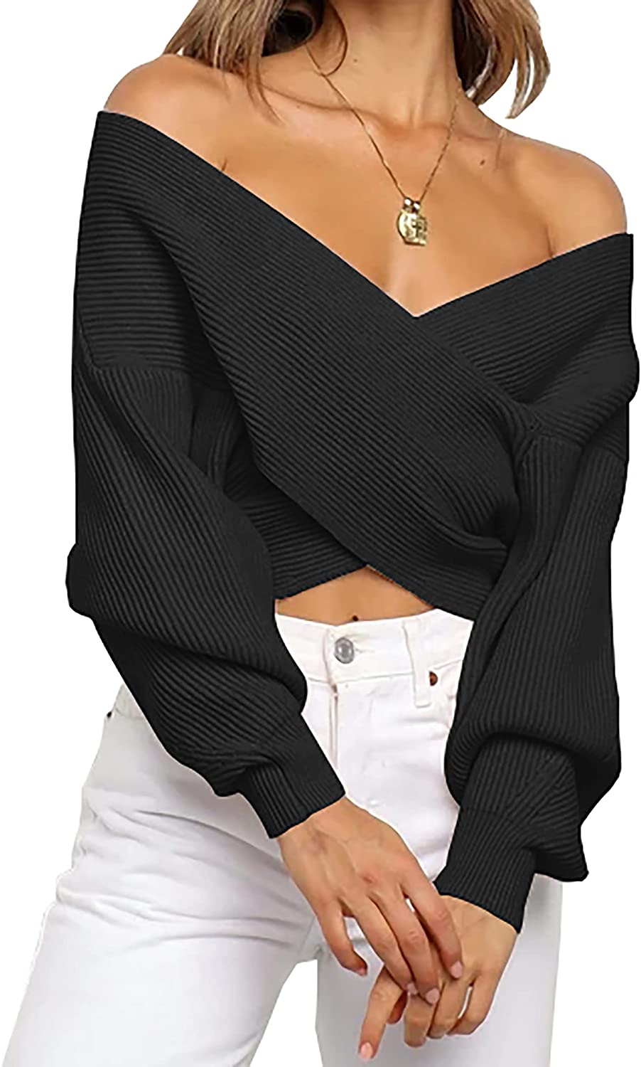 BTFBM Women Casual V Neck Long Sleeve Sweaters Cross Wrap Front