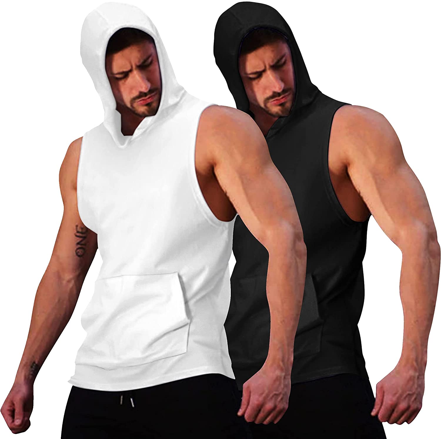 COOFANDY Men's 2 Pack Workout Hooded Tank Tops Bodybuilding Muscle Cut Off T Shirt Sleeveless Gym Hoodies 