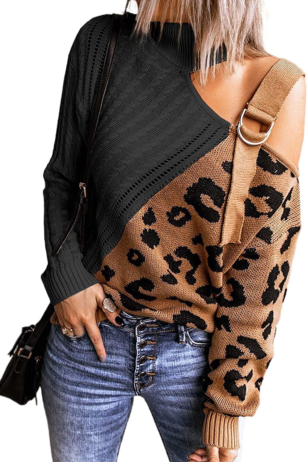 BLENCOT Women Long Sleeve Turtleneck Cold Shoulder Sweater Leopard  Patchwork Loo