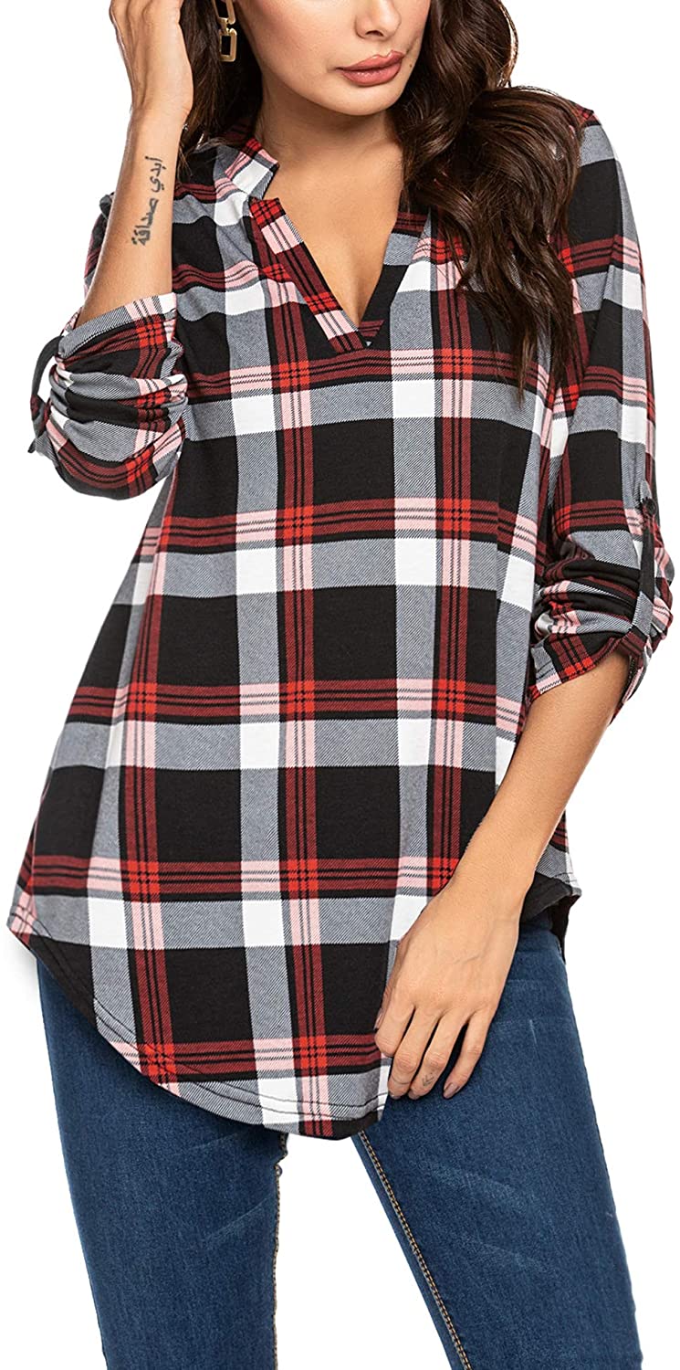 HOTOUCH Womens Flannel Plaid Shirts Roll Up Long Sleeve Pockets