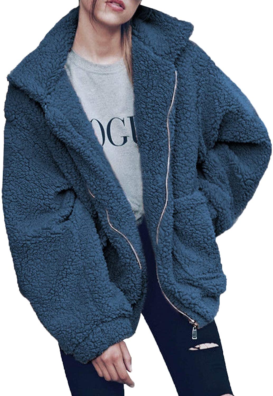 Gzbinz Womens Casual Warm Faux Shearling Coat Jacket Autumn Winter Long Sleeve Lapel Fluffy Fur Outwear