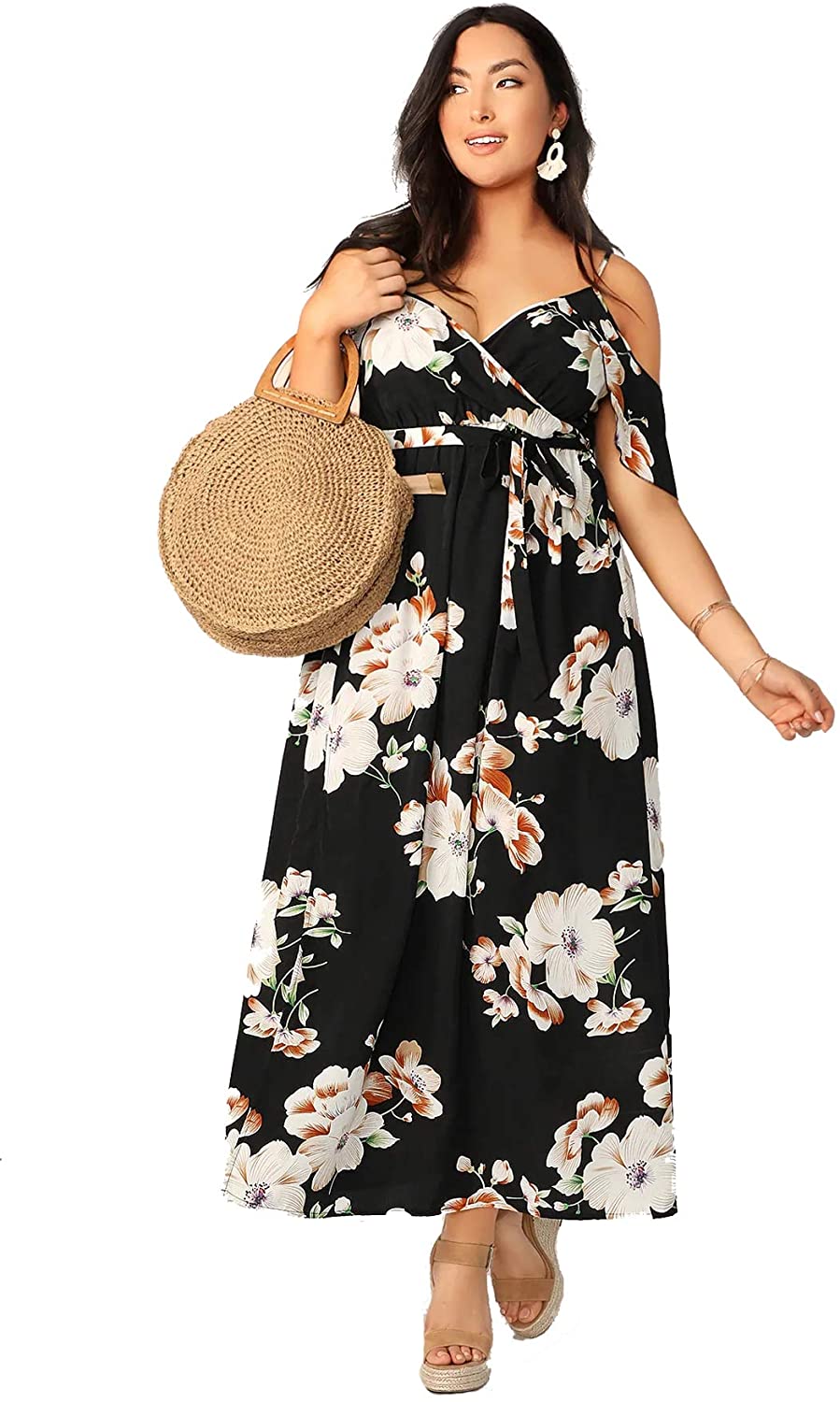Milumia Women Plus Size Cold Shoulder Floral Maxi Bohemian Split Dress ...