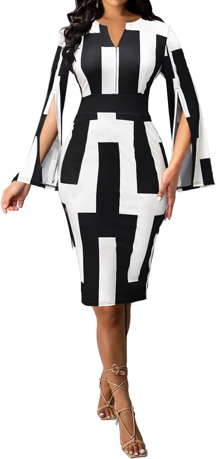 FoveNK Pencil Dress for Women Business Elegant Ruffle Sleeve Bodycon ...