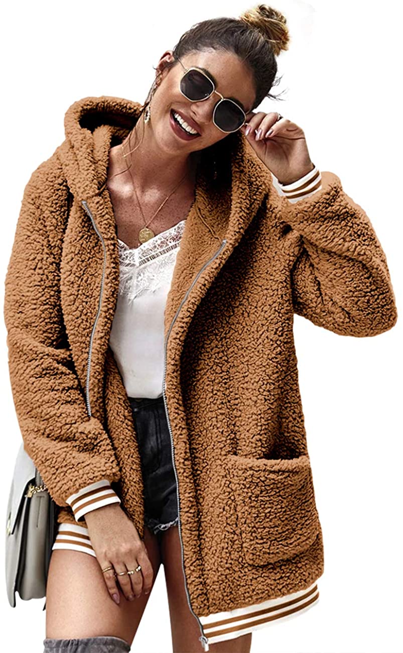 LOMON Cardigan for Women Oversized Fuzzy Fleece Long Sleeve Open Front Hooded Jacket Coat Winter Outwear with Pockets