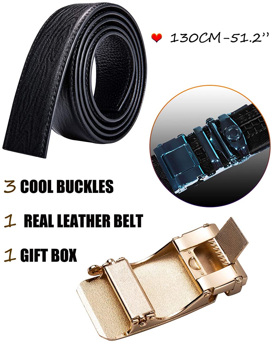 Barry.Wang Mens Belt Ratchet Black with 3 Automatic Buckles Alloy ...