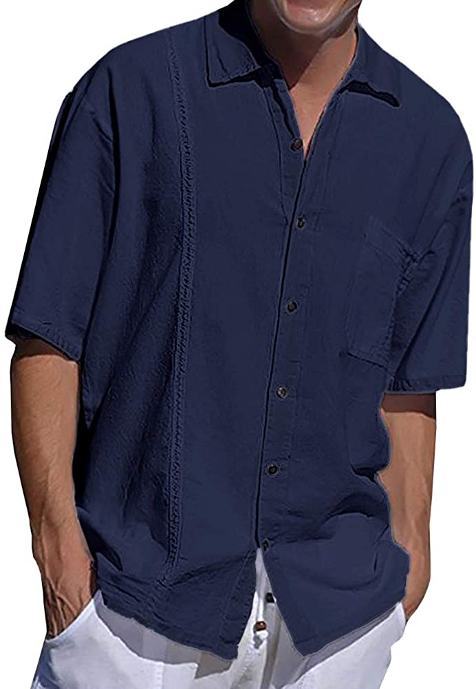 Makkrom Mens Linen Short Sleeve Shirt Casual Button Down Cuban ...