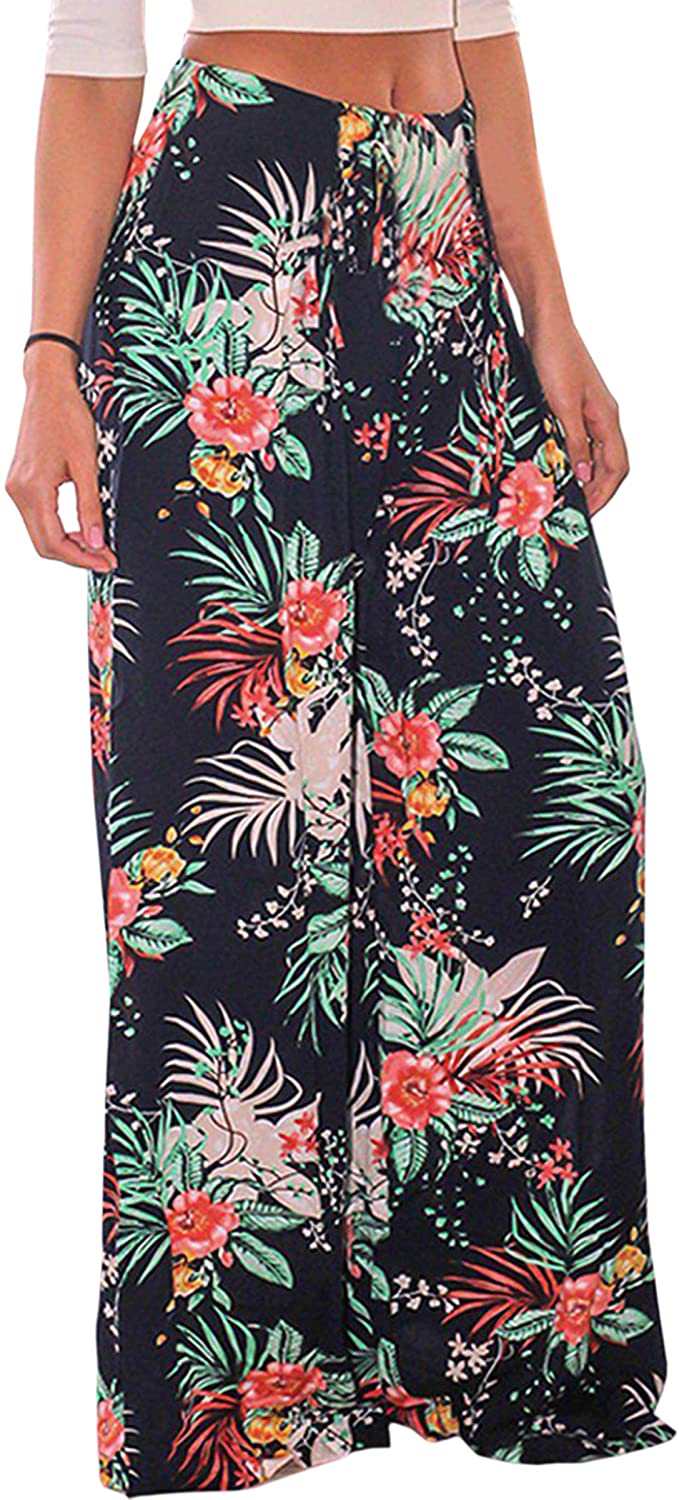 ECOWISH Women's Casual Floral Print Belted Summer Beach High Waist Wide Leg Pants with Pockets 