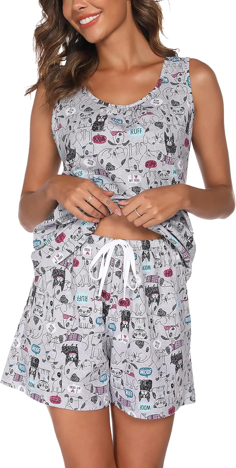 ENJOYNIGHT Women's Pajamas for Women Set Cute Sleeveless Print Tank and  Shorts P