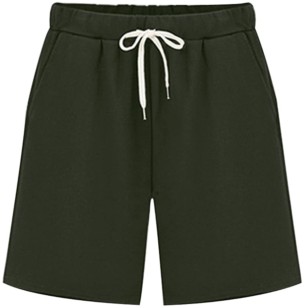 Fuwenni Women's Elastic Waist Shorts Soft Knit Jersey Knee Length Bermuda Shorts with Drawstring 