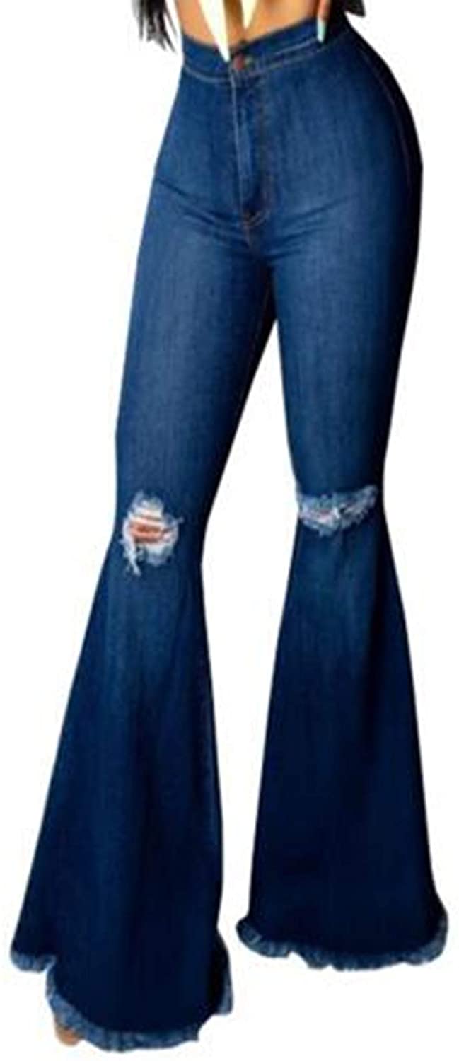 Women's Fashion Bell Bottom Pants High Waist Tassel Stretch Curvy Fit Jeans  Blue