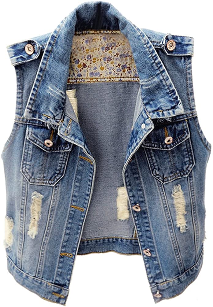 KEDERA Womens Denim Jean Vest Classic Cropped Distressed Sleeveless Jean  Jacket | eBay