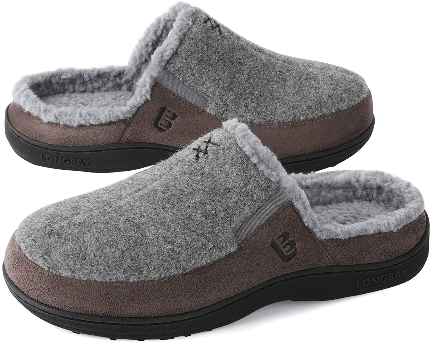 LongBay Mens Fuzzy Warm Slippers Memory Foam Indoor Outdoor House Shoes