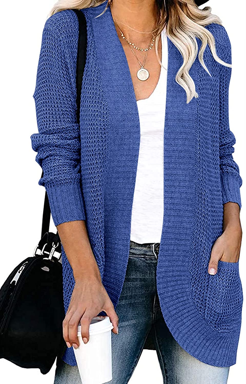 YIBOCK Womens Long Sleeve Open Front Waffle Chunky Knit Cardigan