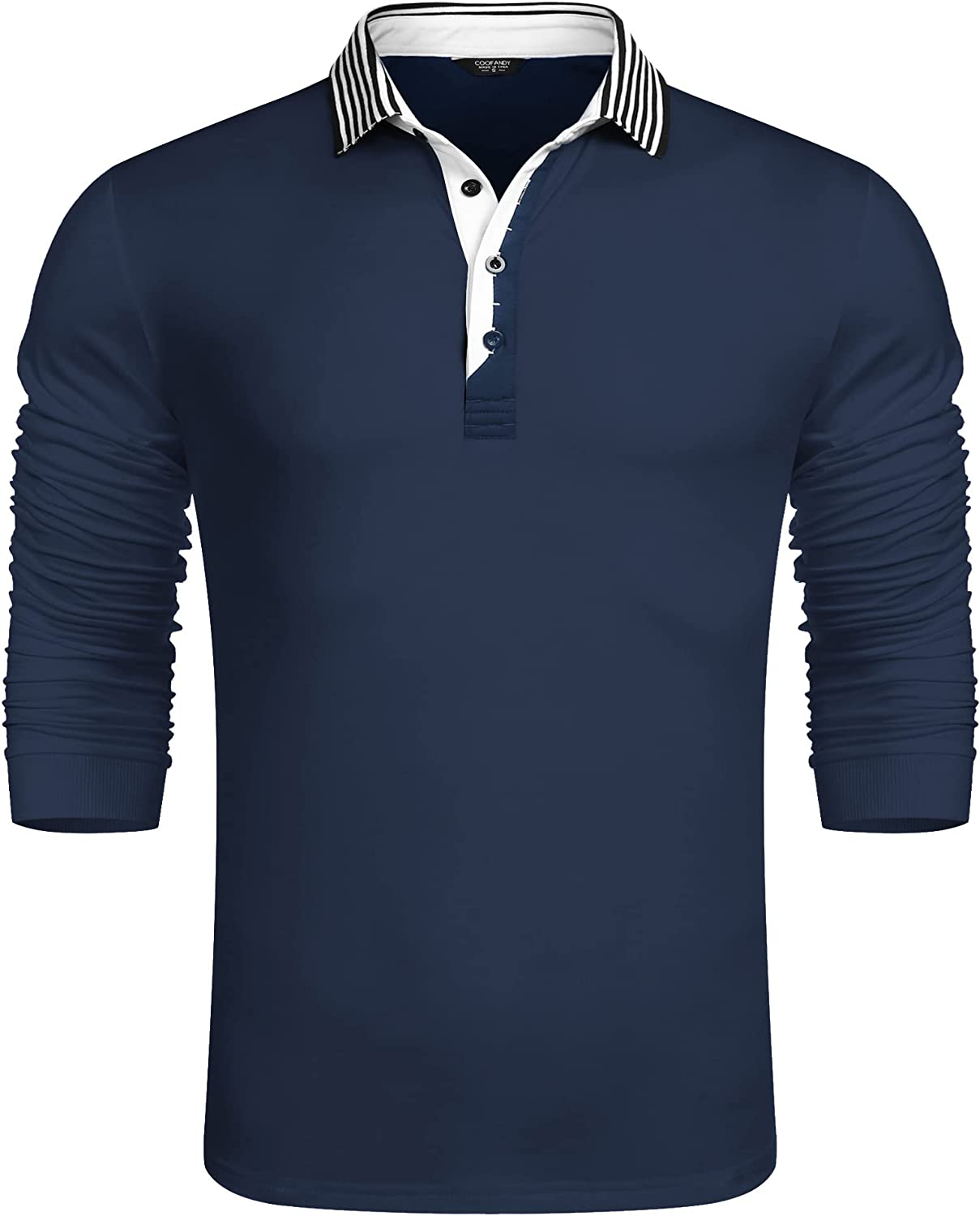 COOFANDY Men's Long Sleeve Polo Shirt Striped Collar Casual Slim Fit Cotton  Polo