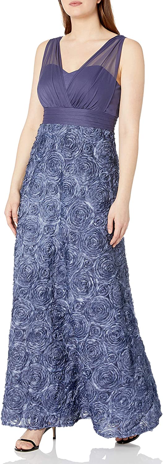 Alex Evenings Women's Plus Size Long A-Line Rosette Dress with Short Sleeves