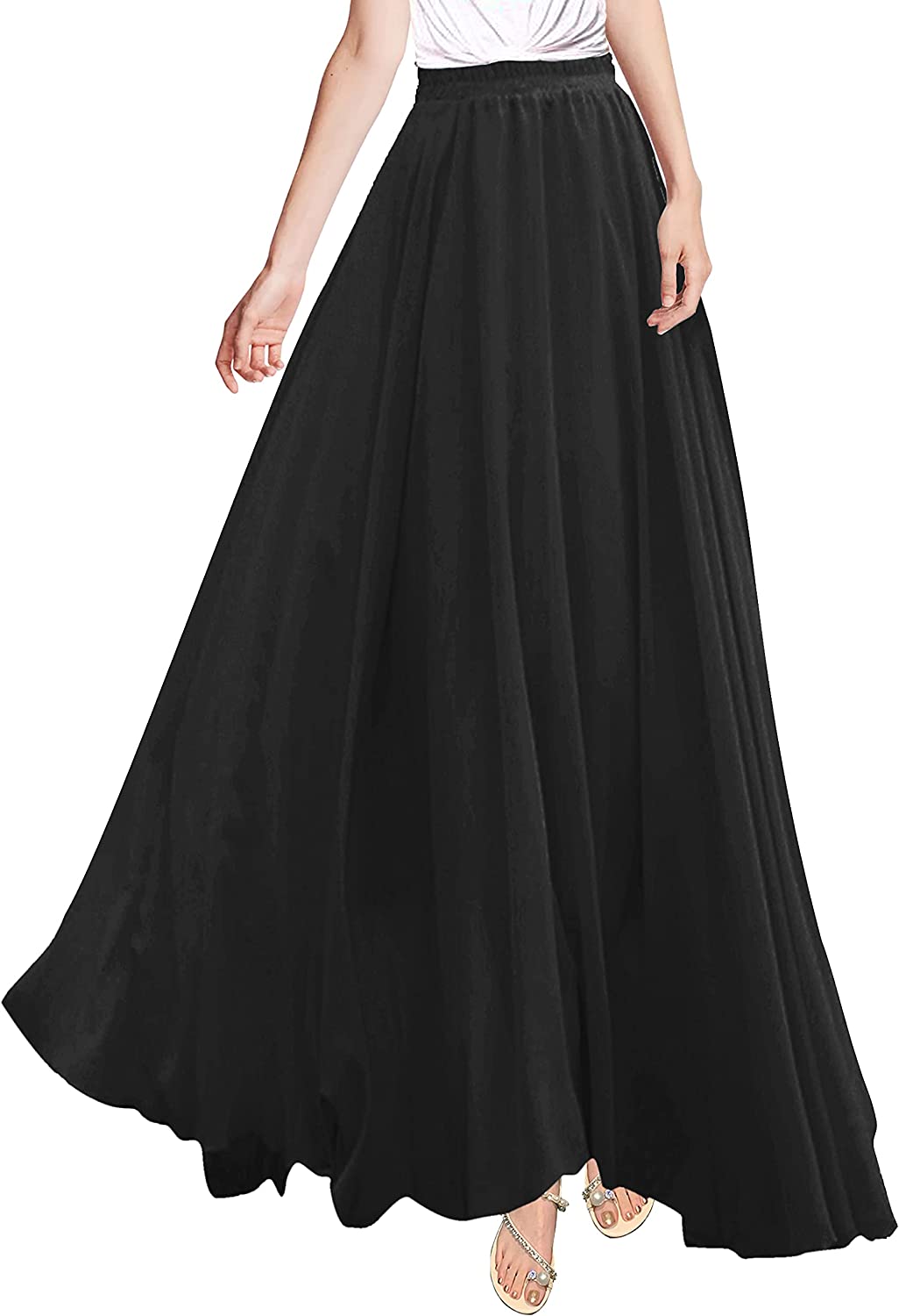 v28 Women Full/Ankle Length Elastic Pleated Retro Maxi Chiffon