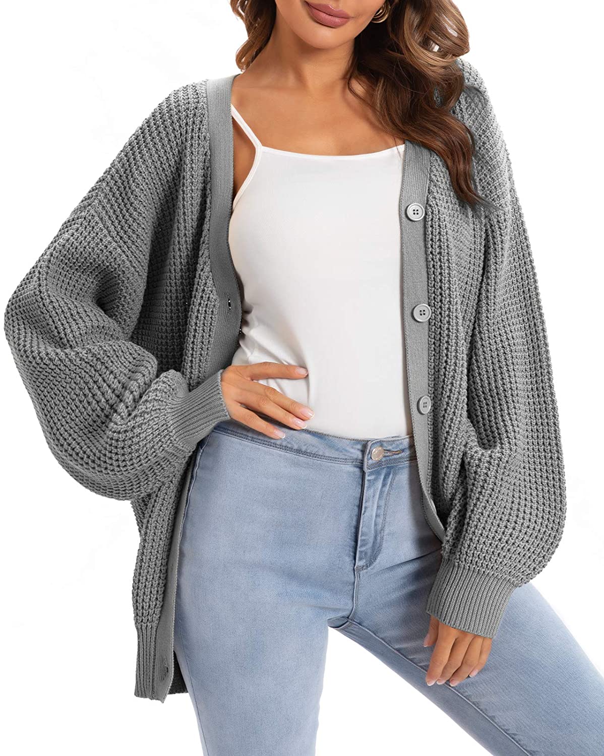 QUALFORT Women\'s Cardigan Sweater 100% Cotton Button-Down Long Sleeve  Oversized | eBay