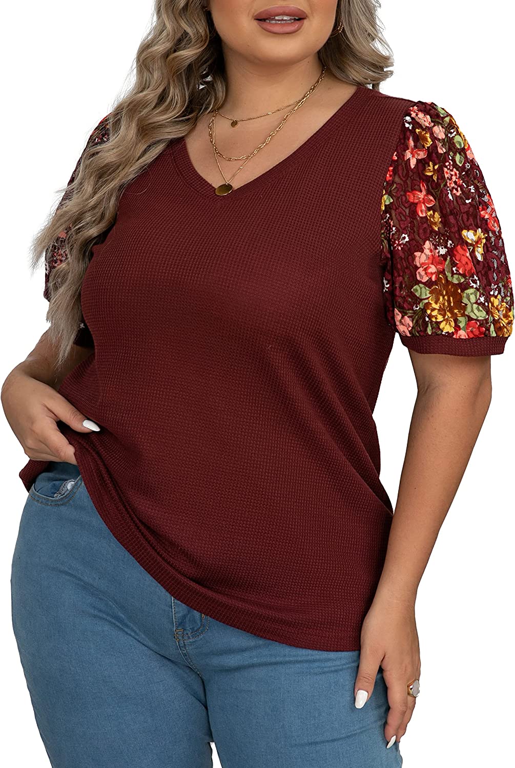 OLRIK Plus Size Tops for Women Lace Sleeve Blouse Waffle Knit