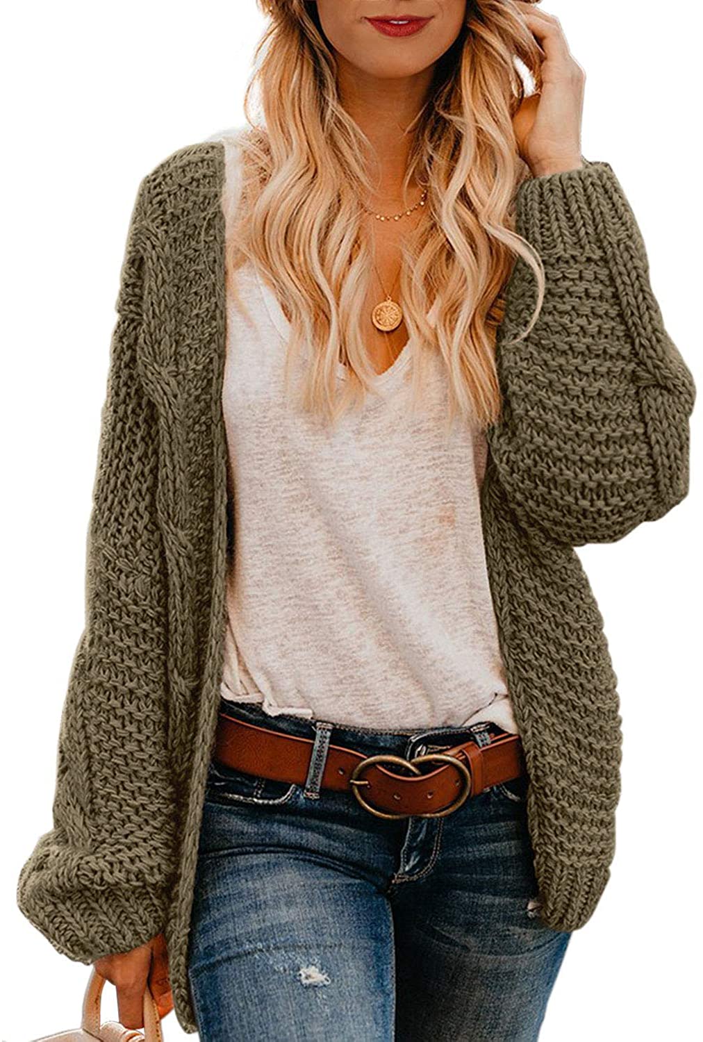 Astylish Women Open Front Long Sleeve Chunky Knit Cardigan S
